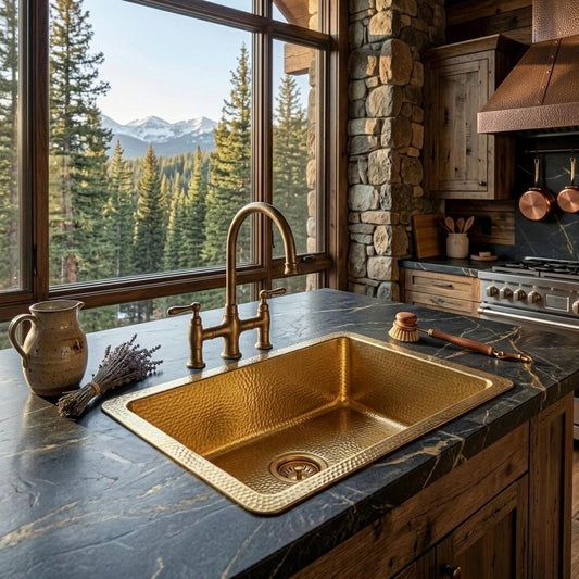 Rectangular brass kitchen sink with a living brass finish