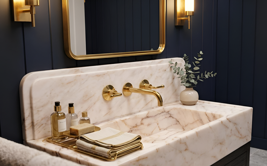 Brass bathroom faucet installed in a luxury bathroom