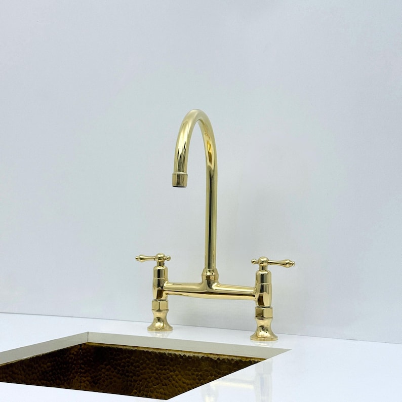 360° gooseneck bridge kitchen faucet handcrafted from solid brass