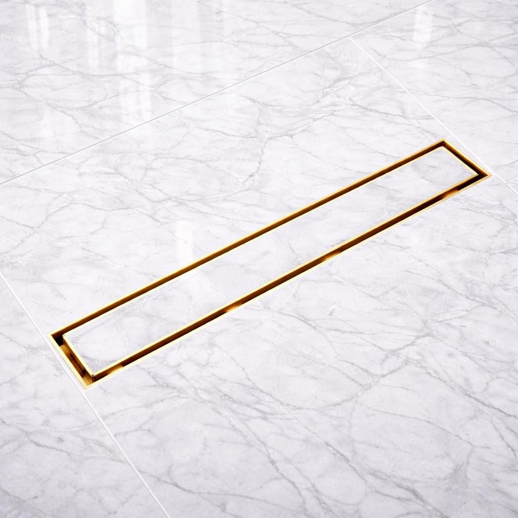 Adjustable unlacquered brass linear drain with leveling brackets