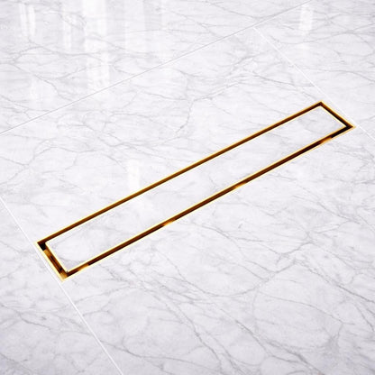 Adjustable unlacquered brass linear drain with leveling brackets