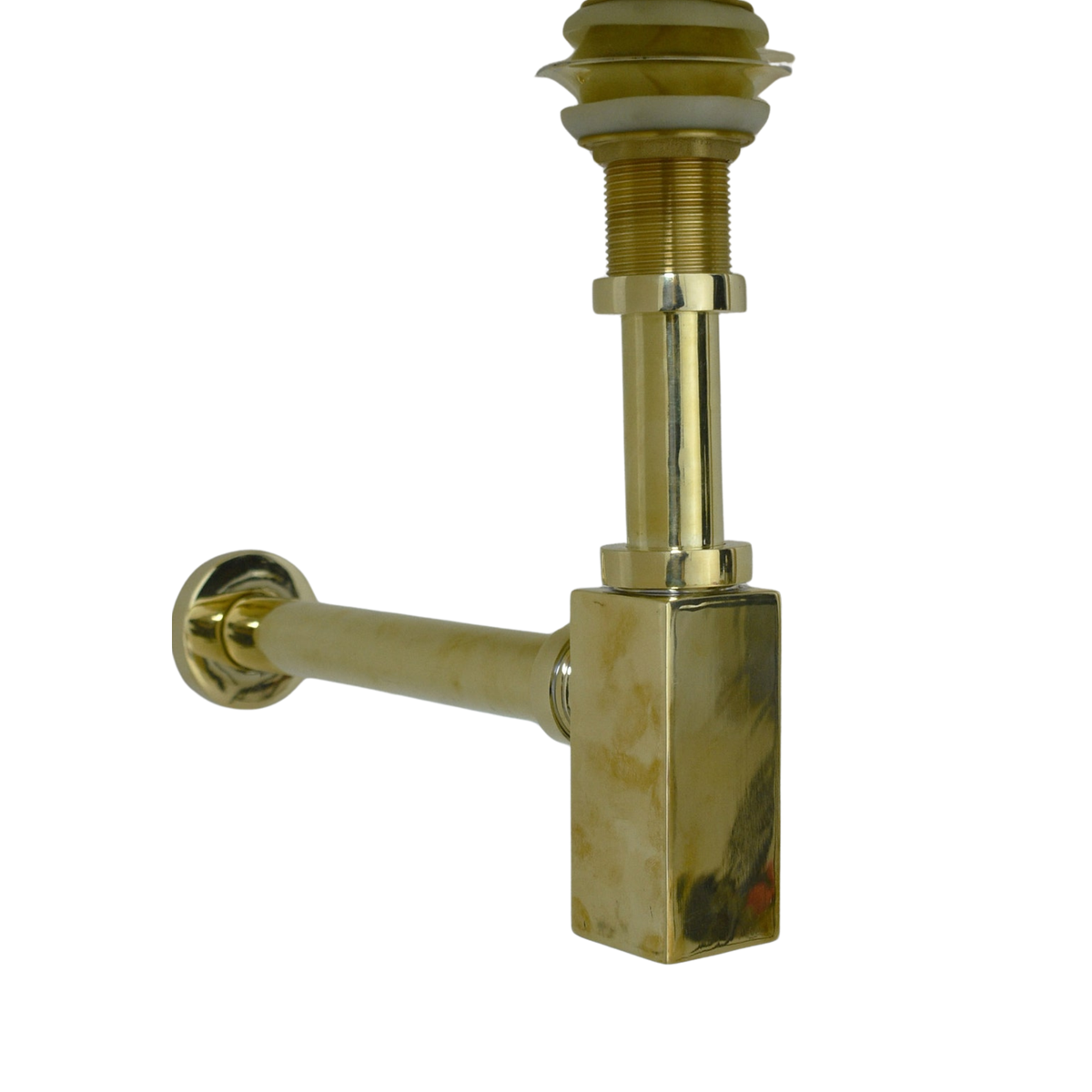 Adjustable unlacquered brass square bottle trap for a bathroom sink