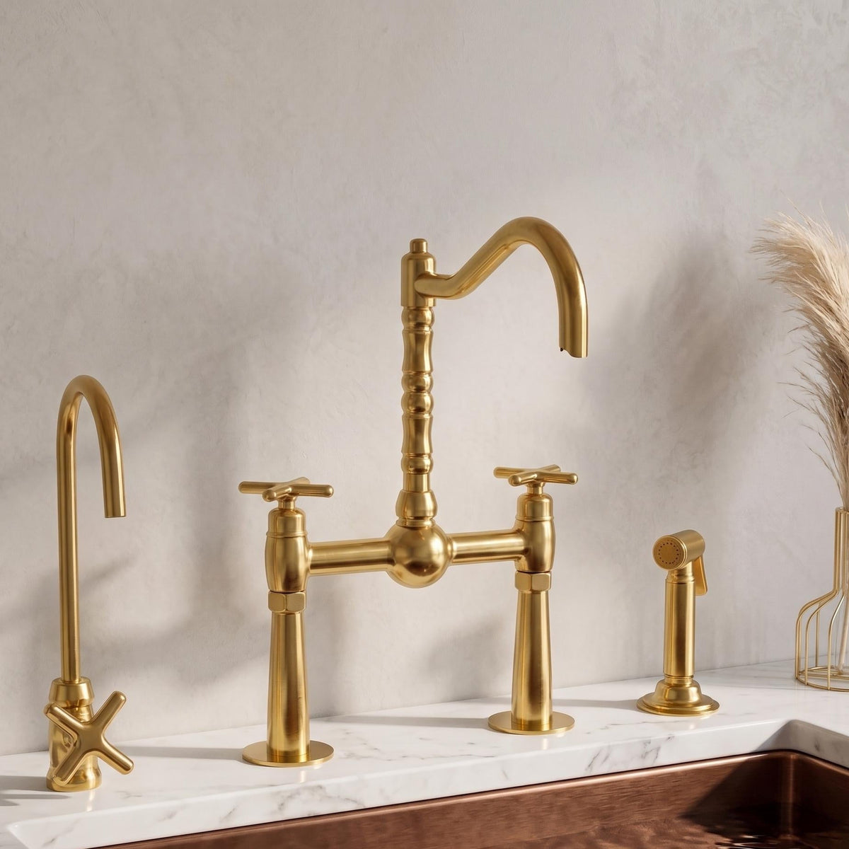 Angled view of solid brass wall mount bridge faucet