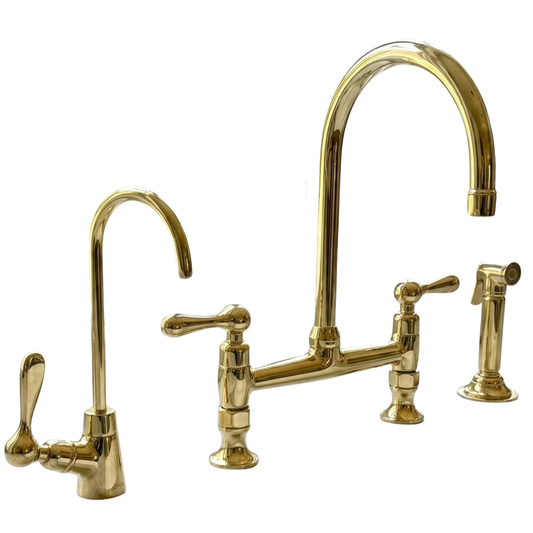 Bridge kitchen faucet with dedicated drinking water tap in unlacquered brass