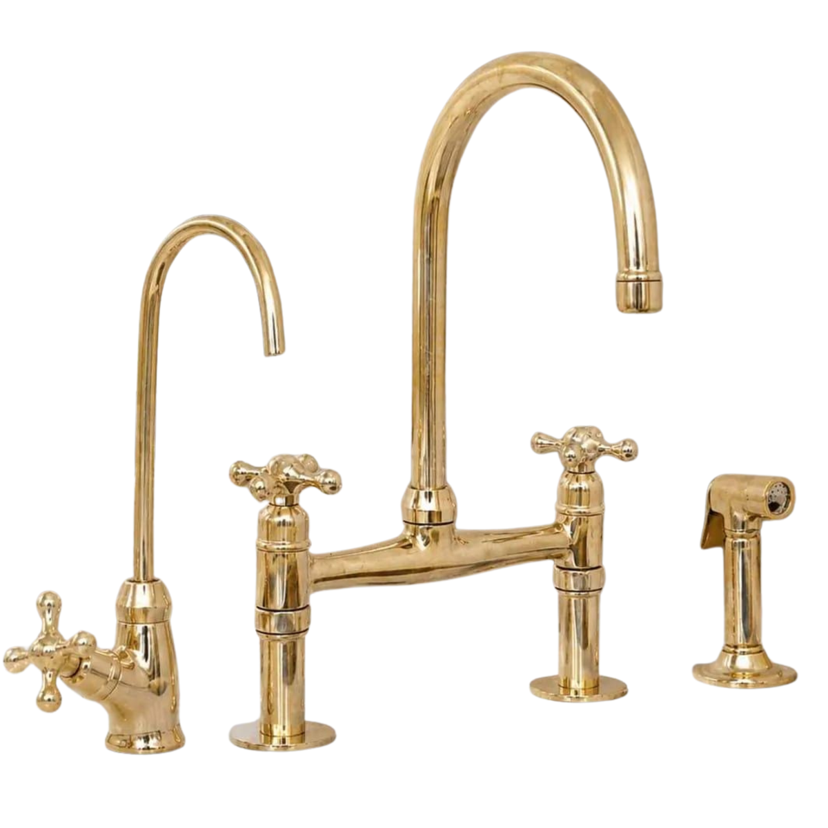 Bridge kitchen faucet with side sprayer in unlacquered brass