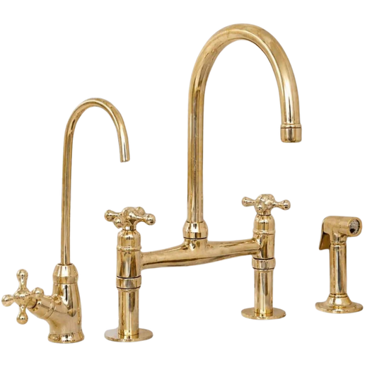 Bridge kitchen faucet with side sprayer in unlacquered brass