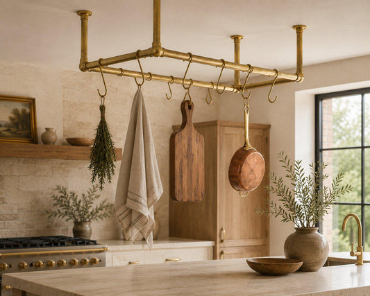 Ceiling mounted solid brass pot rack with hanging hooks