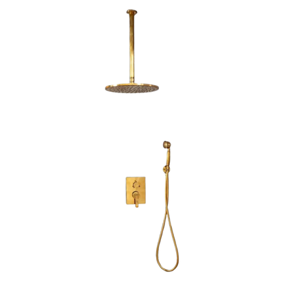 Ceiling mounted unlacquered brass rain shower system with a 10-inch shower head