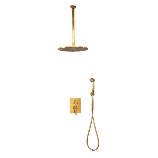 Ceiling mounted unlacquered brass rain shower system with a 10-inch shower head
