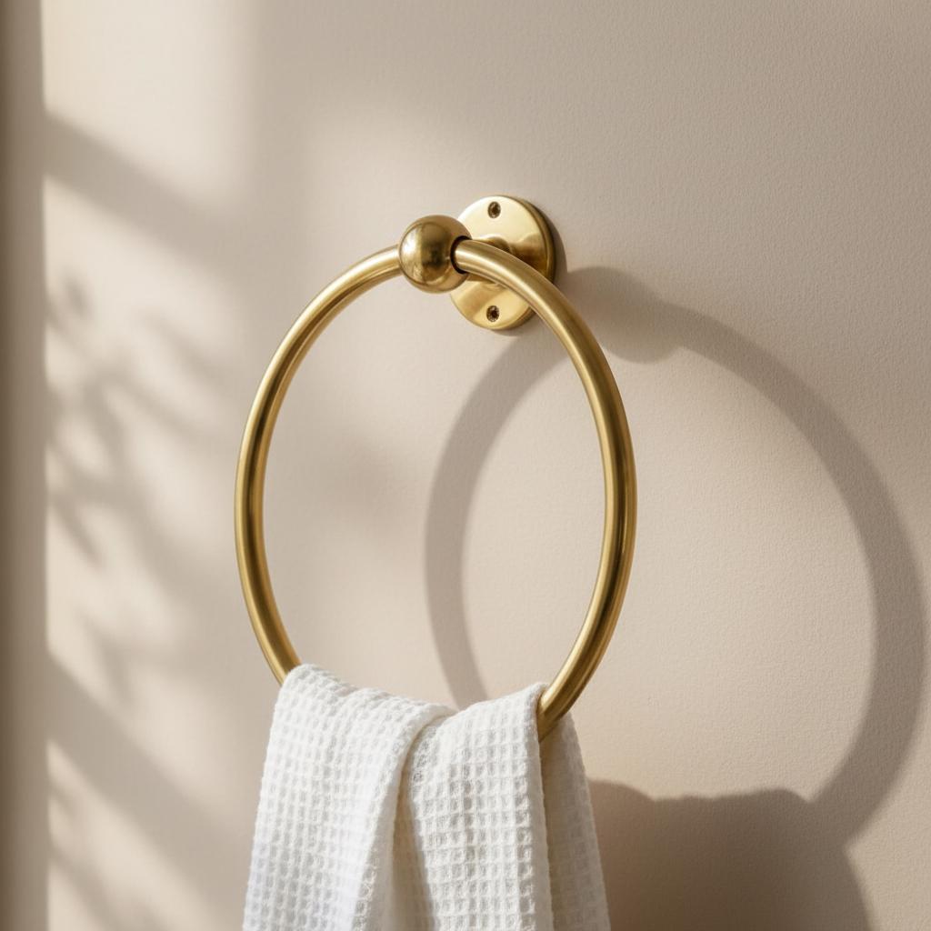 Close-up of a handcrafted solid brass towel ring