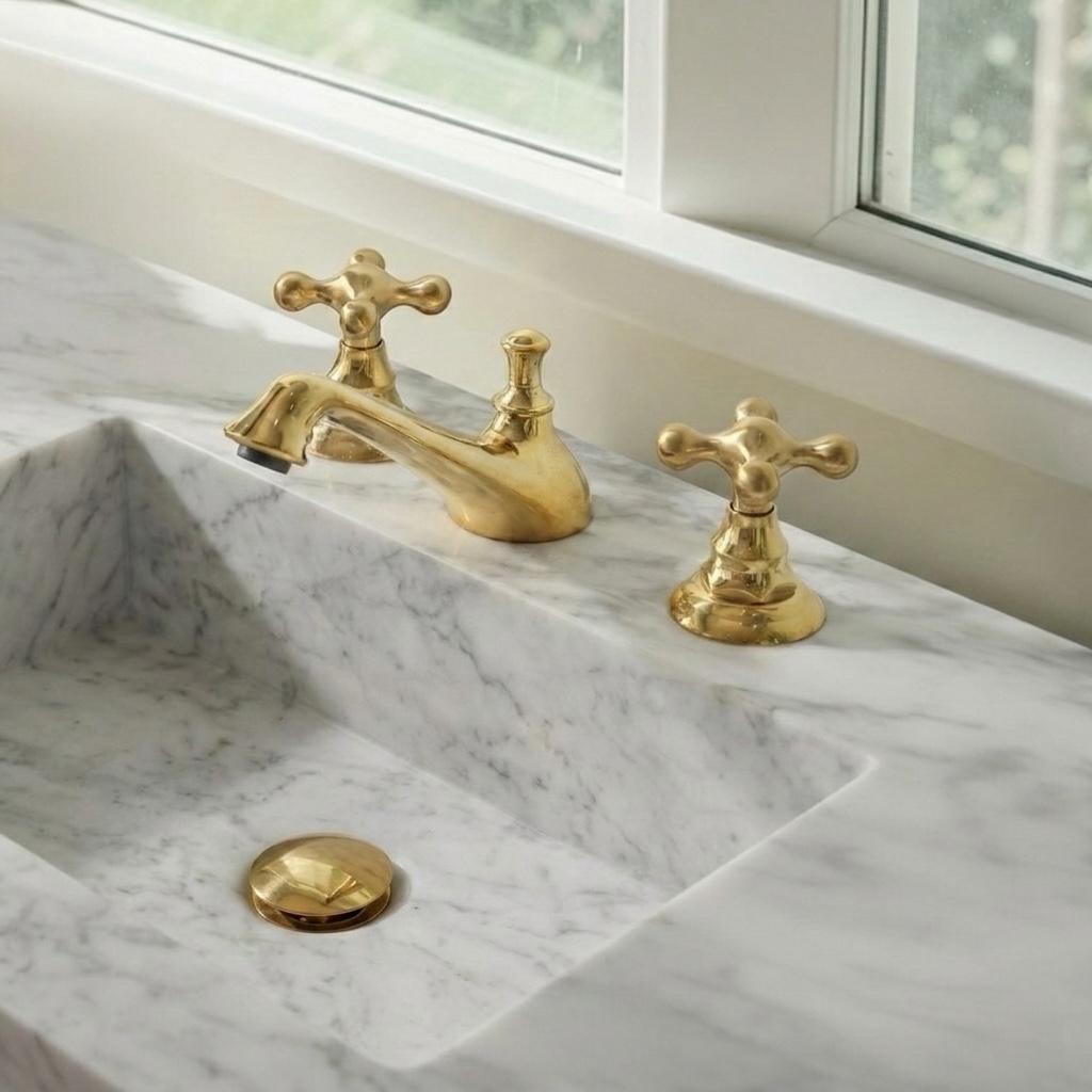 Close-up of cross handles on the Charleston brass bathroom faucet