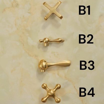 Close-up of dual handles on a solid brass widespread faucet