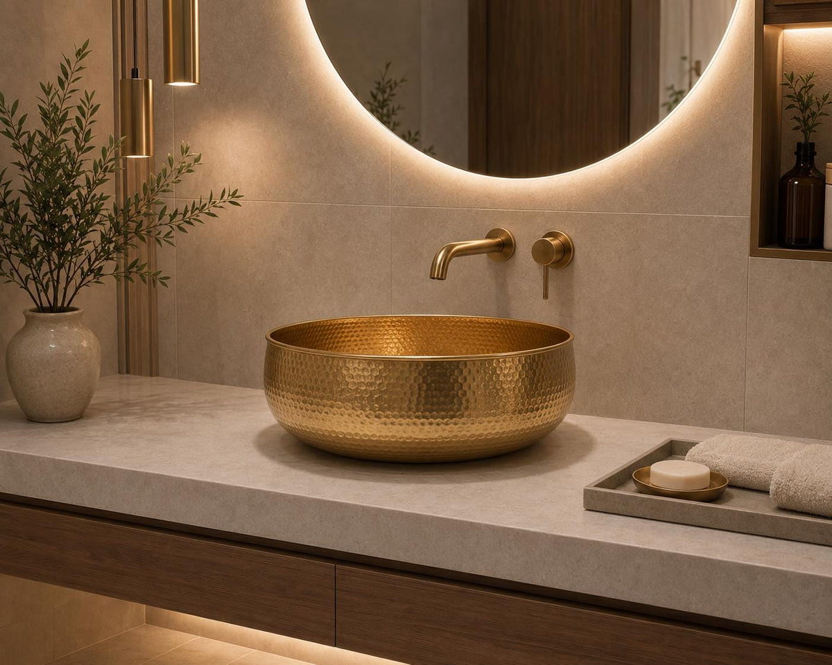 Close-up of the hammered texture on a handmade brass vessel sink