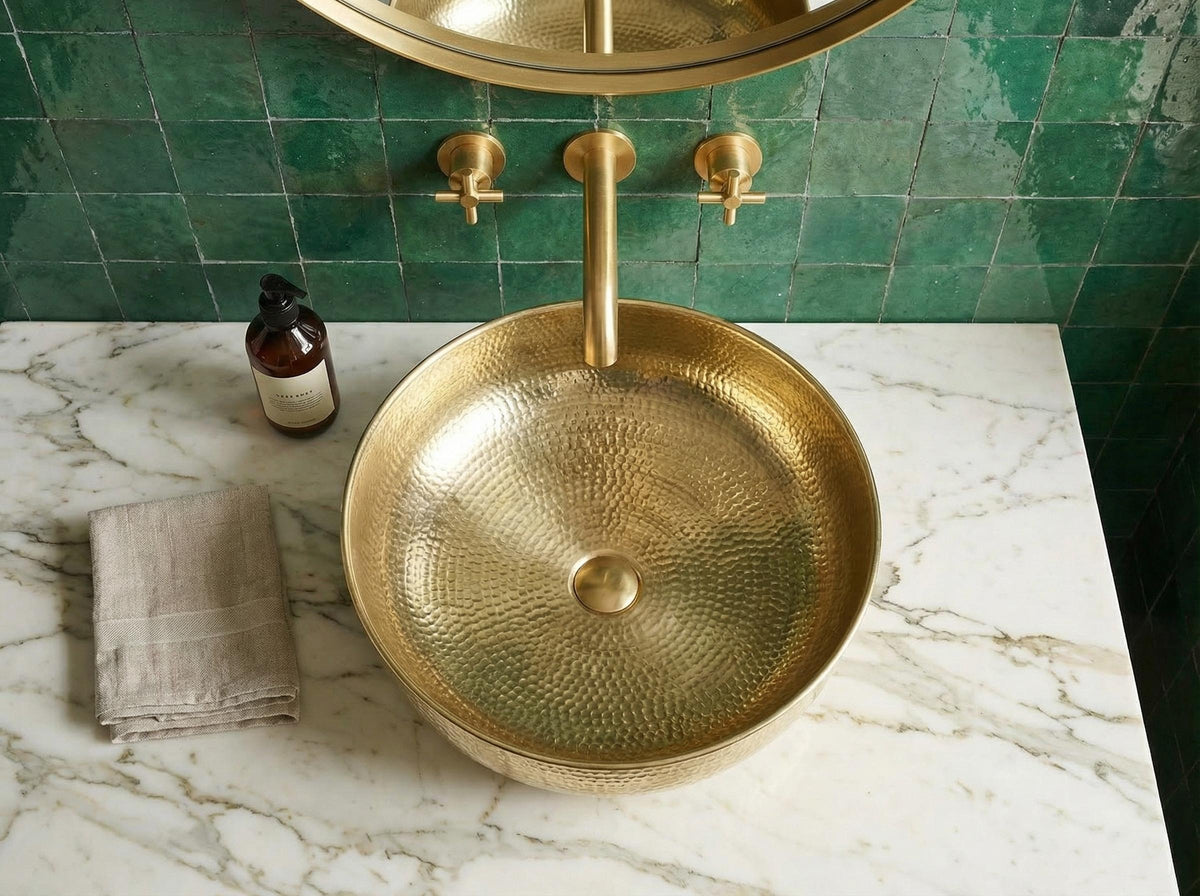 Close-up of the hammered texture on a solid brass bathroom sink
