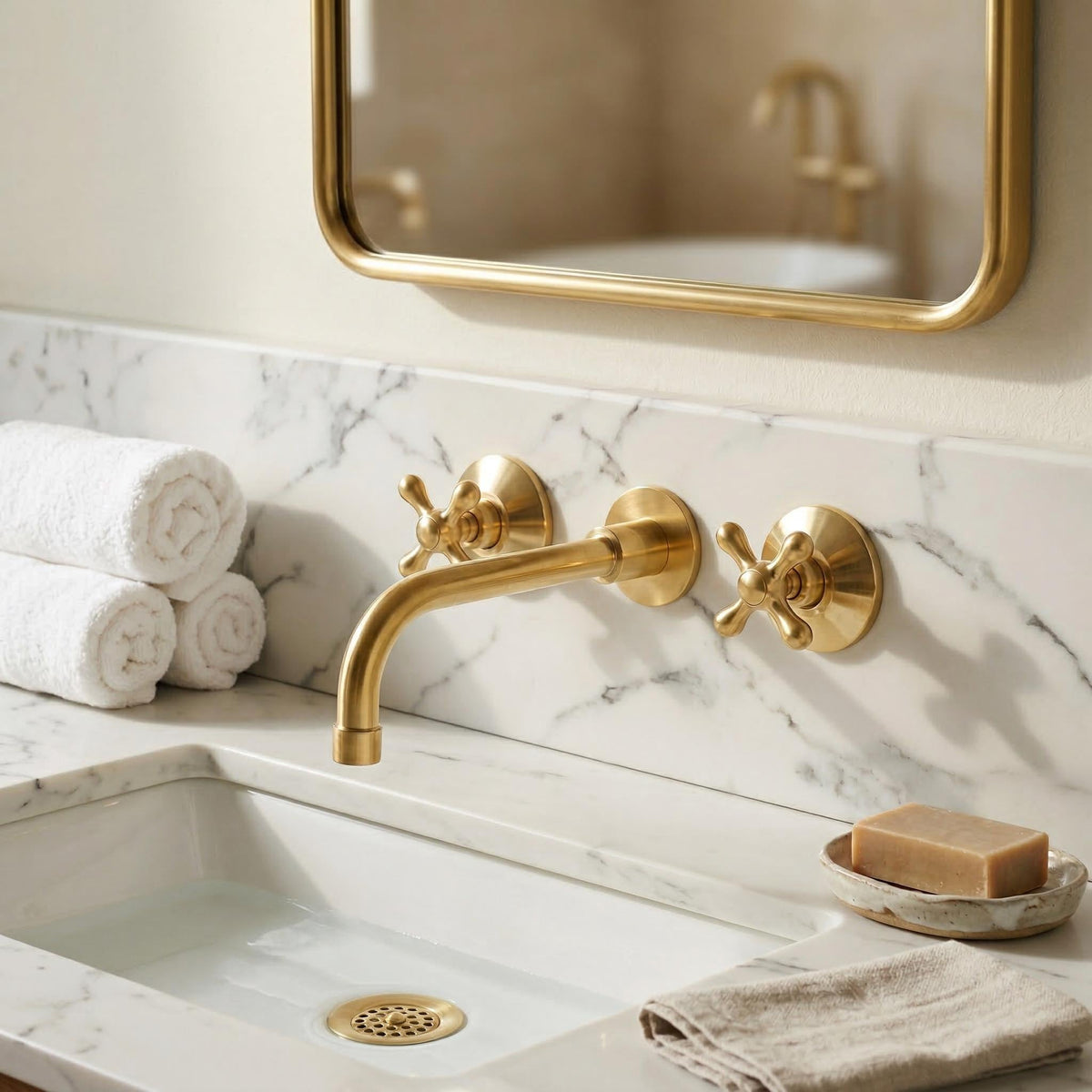 Close-up of unlacquered brass finish on a premium bathroom vanity faucet