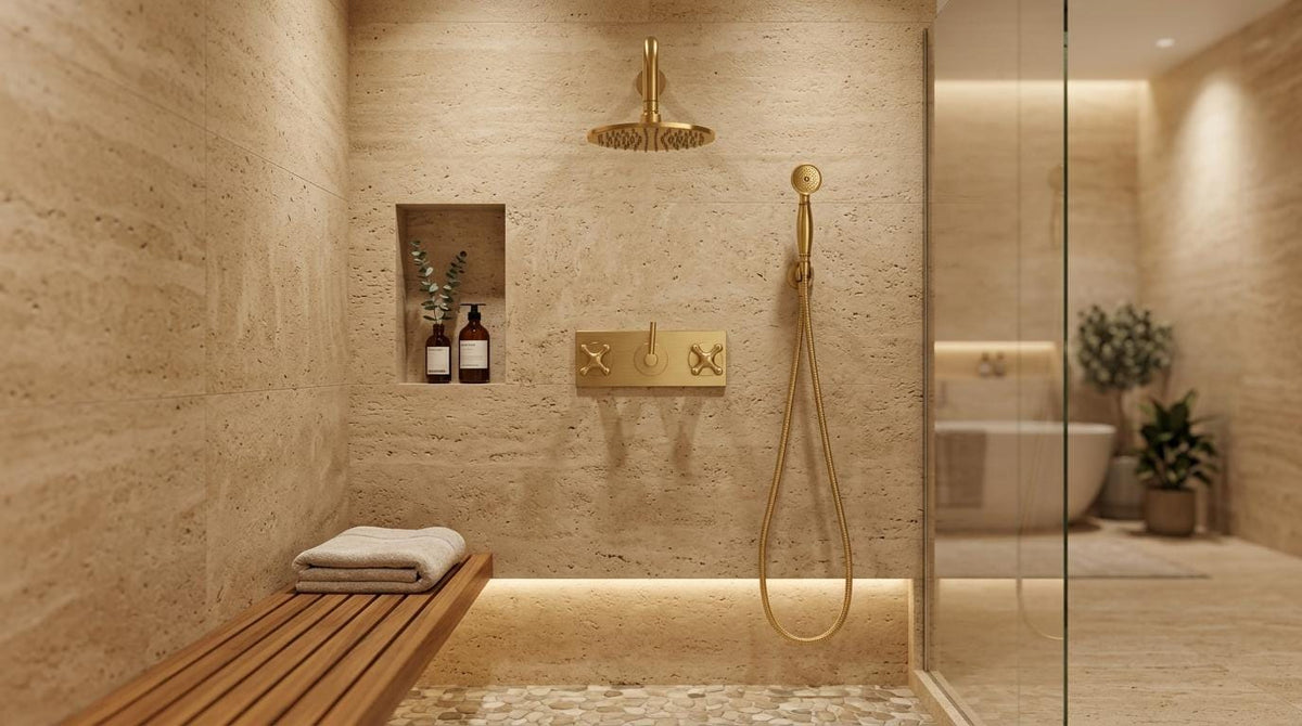 Complete vintage brass shower system with rainfall and handheld shower