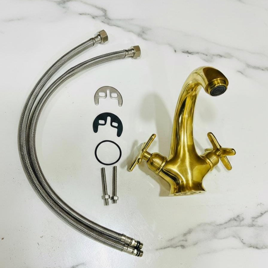 Detailed view of the handcrafted solid brass finish on a single hole bathroom faucet