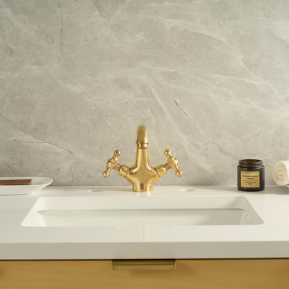 Detailed view of the solid unlacquered brass faucet spout with handcrafted finish