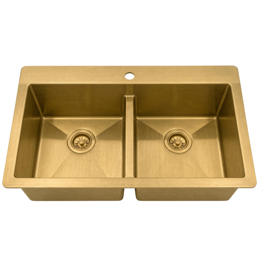 Double bowl brass kitchen sink in unlacquered solid brass