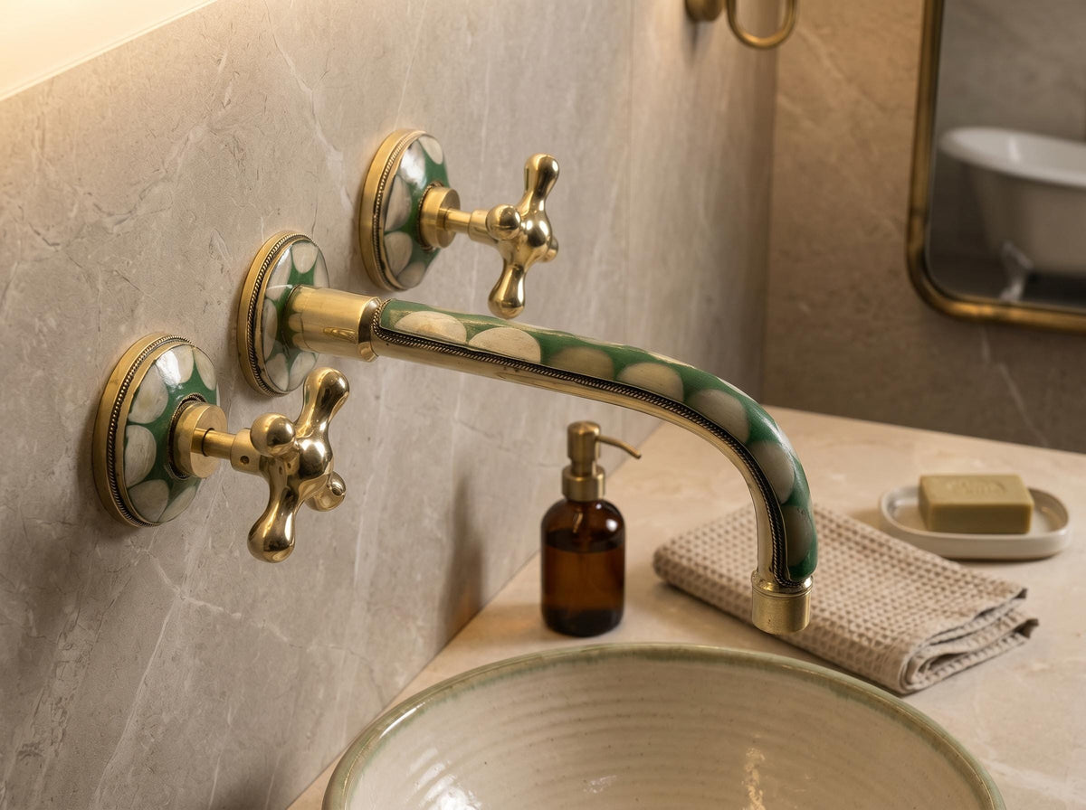 Elegant curved spout on handmade Moroccan brass faucet