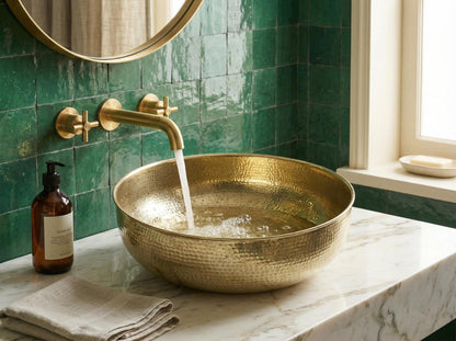 Farmhouse brass vessel sink with a warm Moroccan gold finish