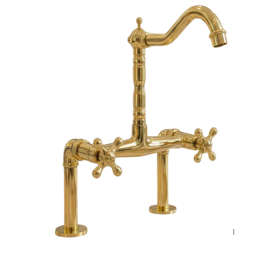 Farmhouse bridge kitchen faucet in unlacquered brass