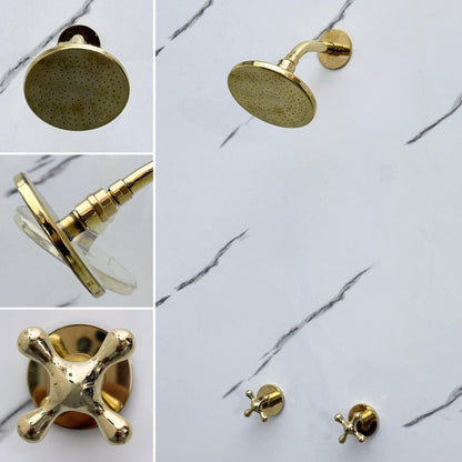 Flat rainfall shower head in an unlacquered brass finish