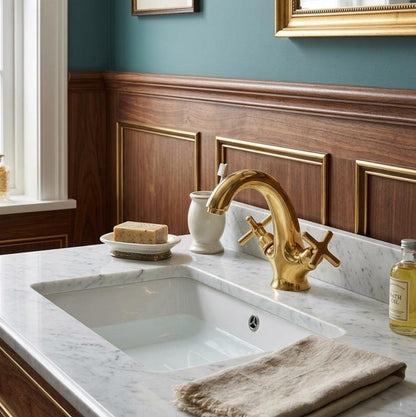 Front view of a solid brass single hole bathroom faucet with unlacquered finish