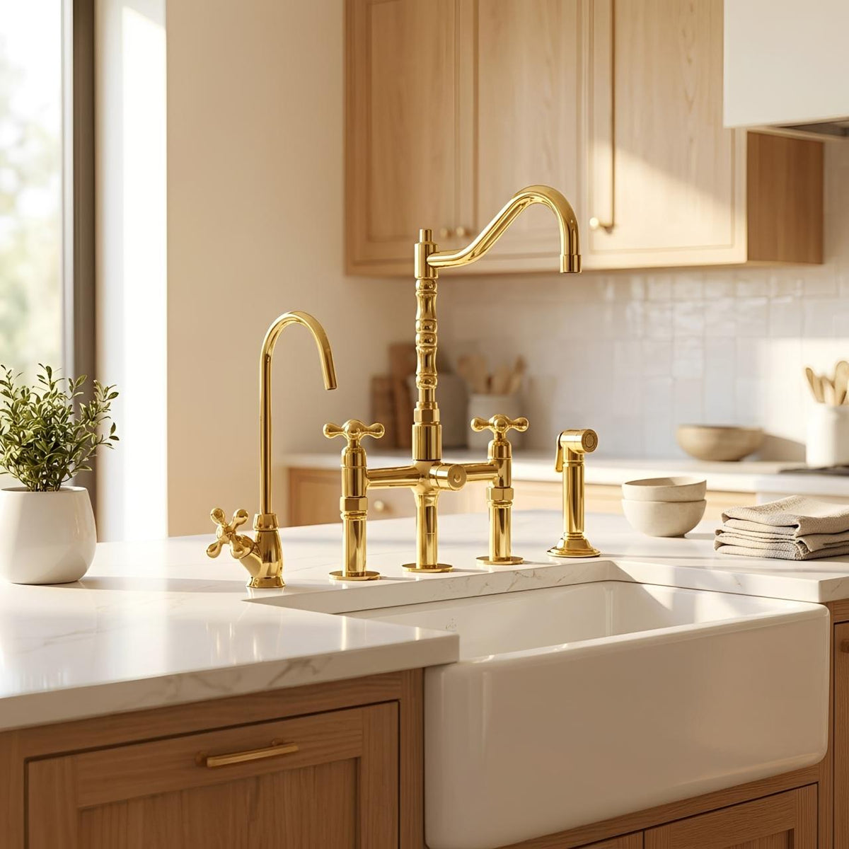 Handcrafted bridge kitchen faucet with polished brass finish
