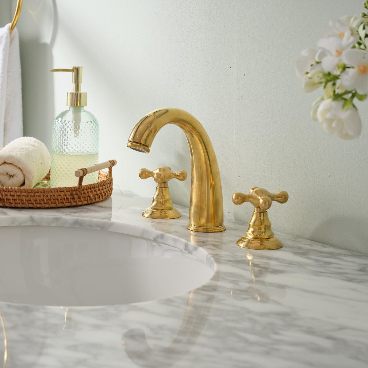 Handcrafted solid brass bathroom vanity faucet with cross handles