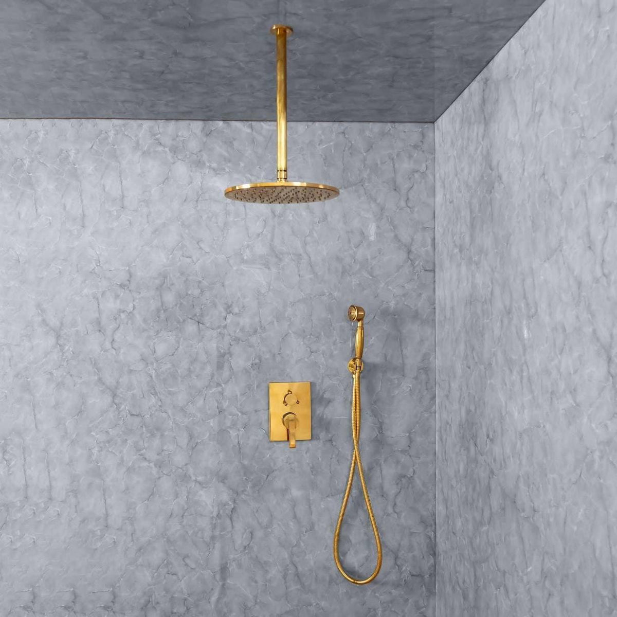 Handcrafted solid brass ceiling shower system with a handheld shower