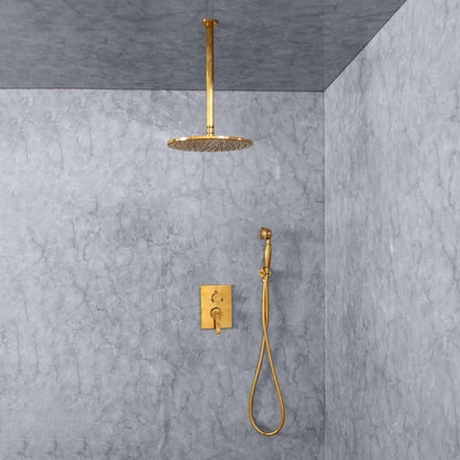 Handcrafted solid brass ceiling shower system with a handheld shower