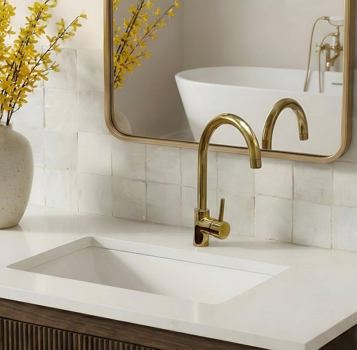 Handcrafted solid brass faucet for a contemporary bathroom vanity