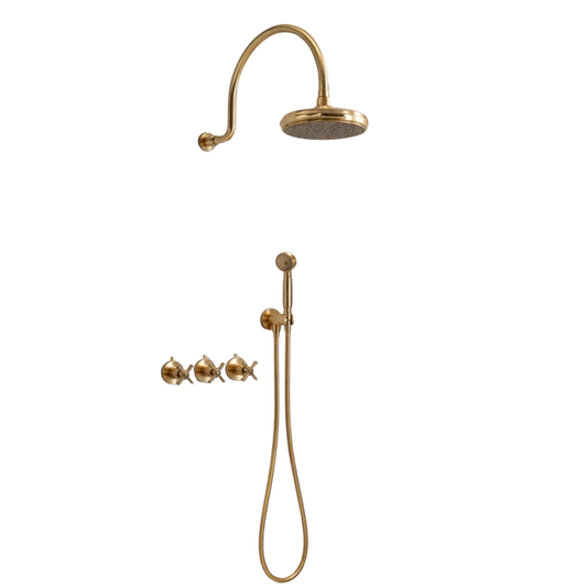 Handcrafted solid brass shower system with a rainfall shower head