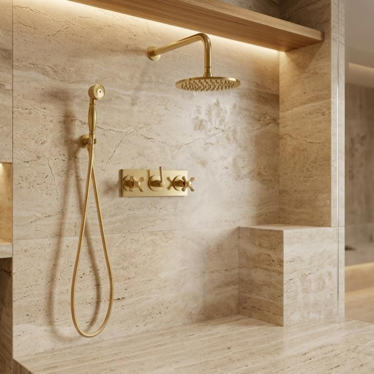 Handcrafted unlacquered brass shower system with a handheld shower