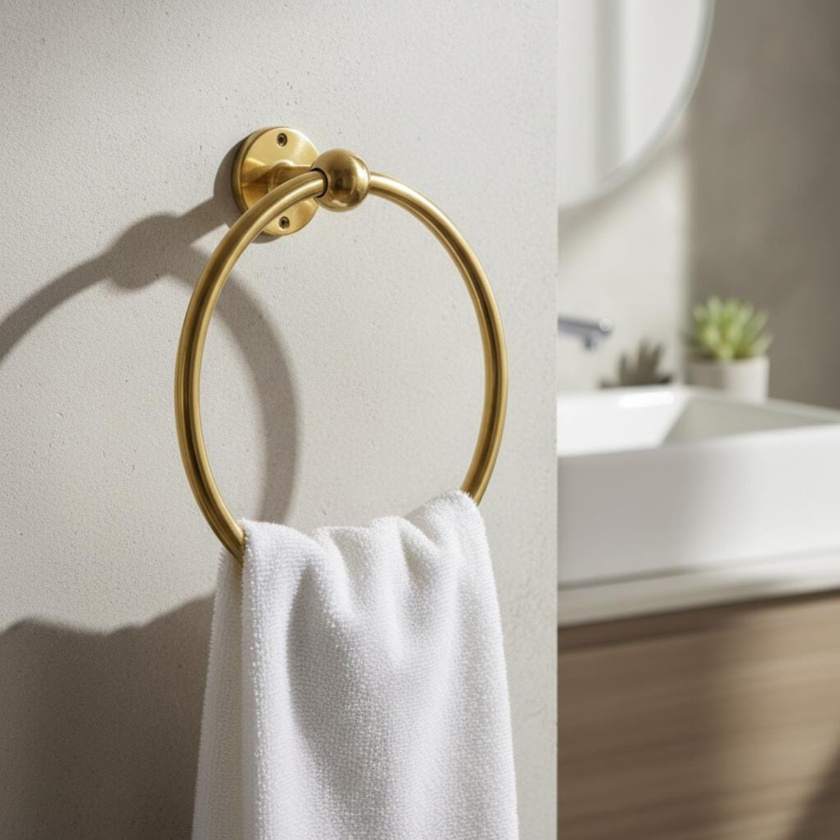 Handmade brass hand towel holder mounted on a bathroom wall