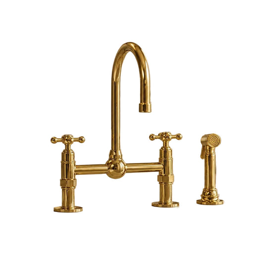 Handmade brass tap bridge kitchen faucet with side sprayer