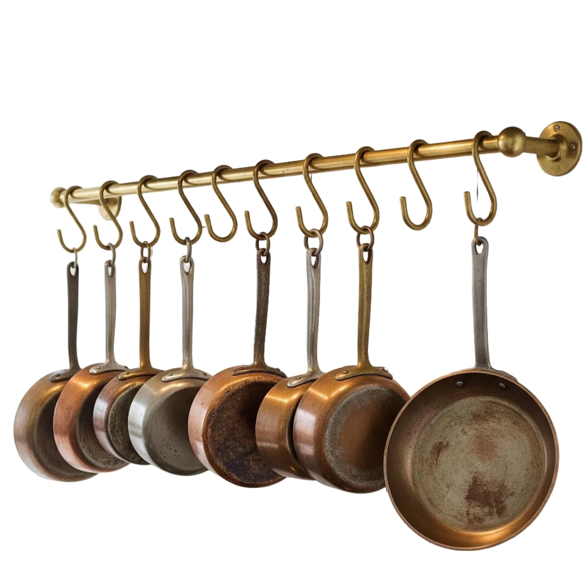 Handmade brushed brass pot rail with S hooks for wall mount
