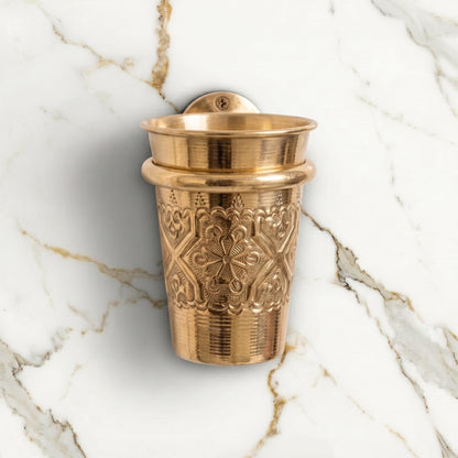 Handmade engraved brass toothbrush cup holder with a living brass finish