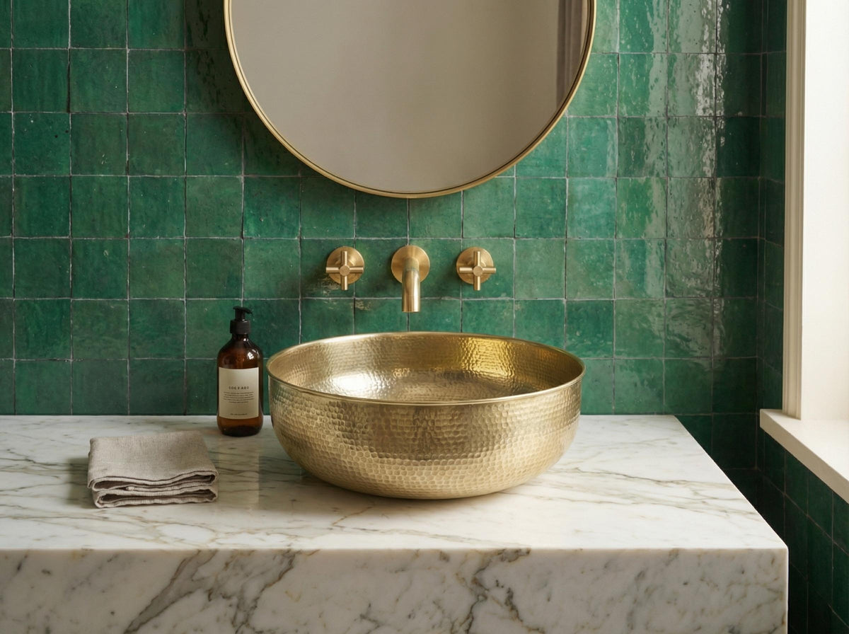 Handmade rustic brass vessel sink with a living brass finish