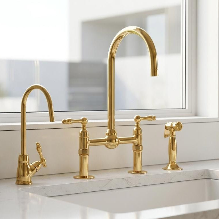 Handmade solid brass bridge kitchen faucet crafted in Morocco