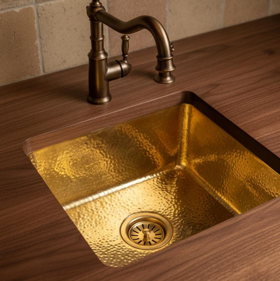 Handmade square brass kitchen sink crafted in Morocco