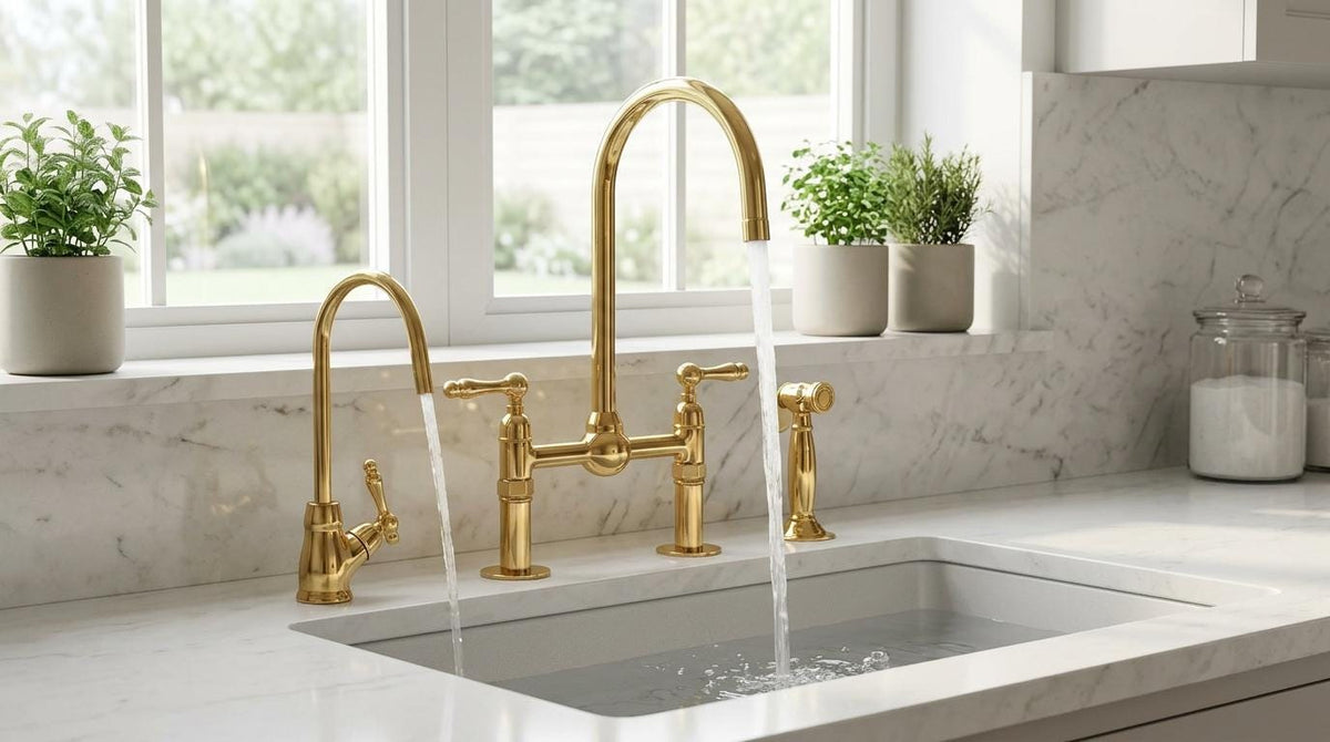 High-arc vintage bridge faucet in unlacquered brass