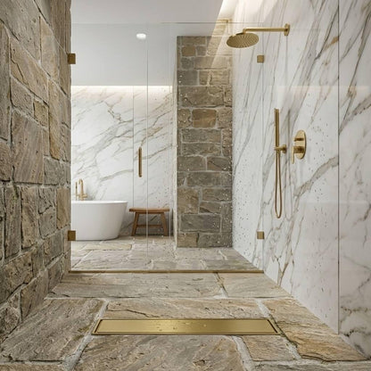 Linear brass floor drain with removable cover for convenient cleaning