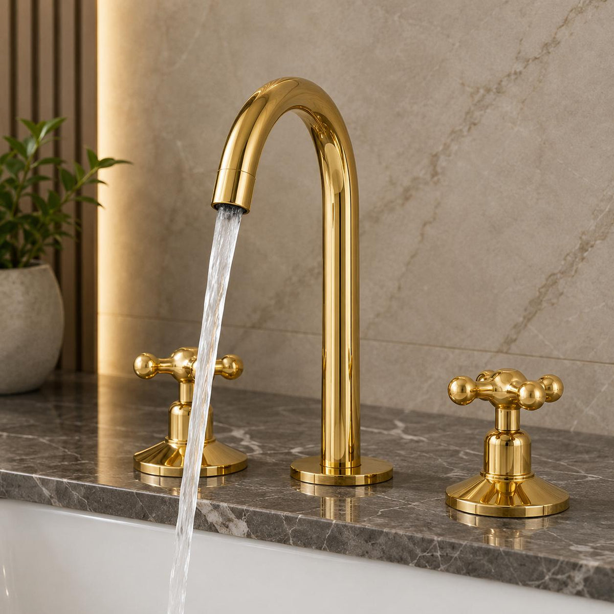 Luxury deck mounted bathroom faucet in unlacquered living brass