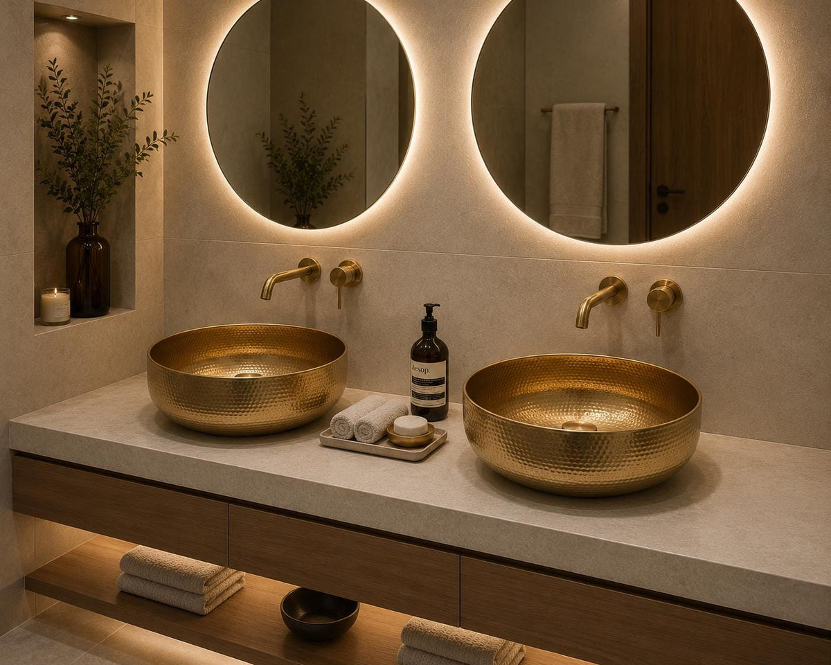Luxury handcrafted gold brass vessel sink for a bathroom vanity