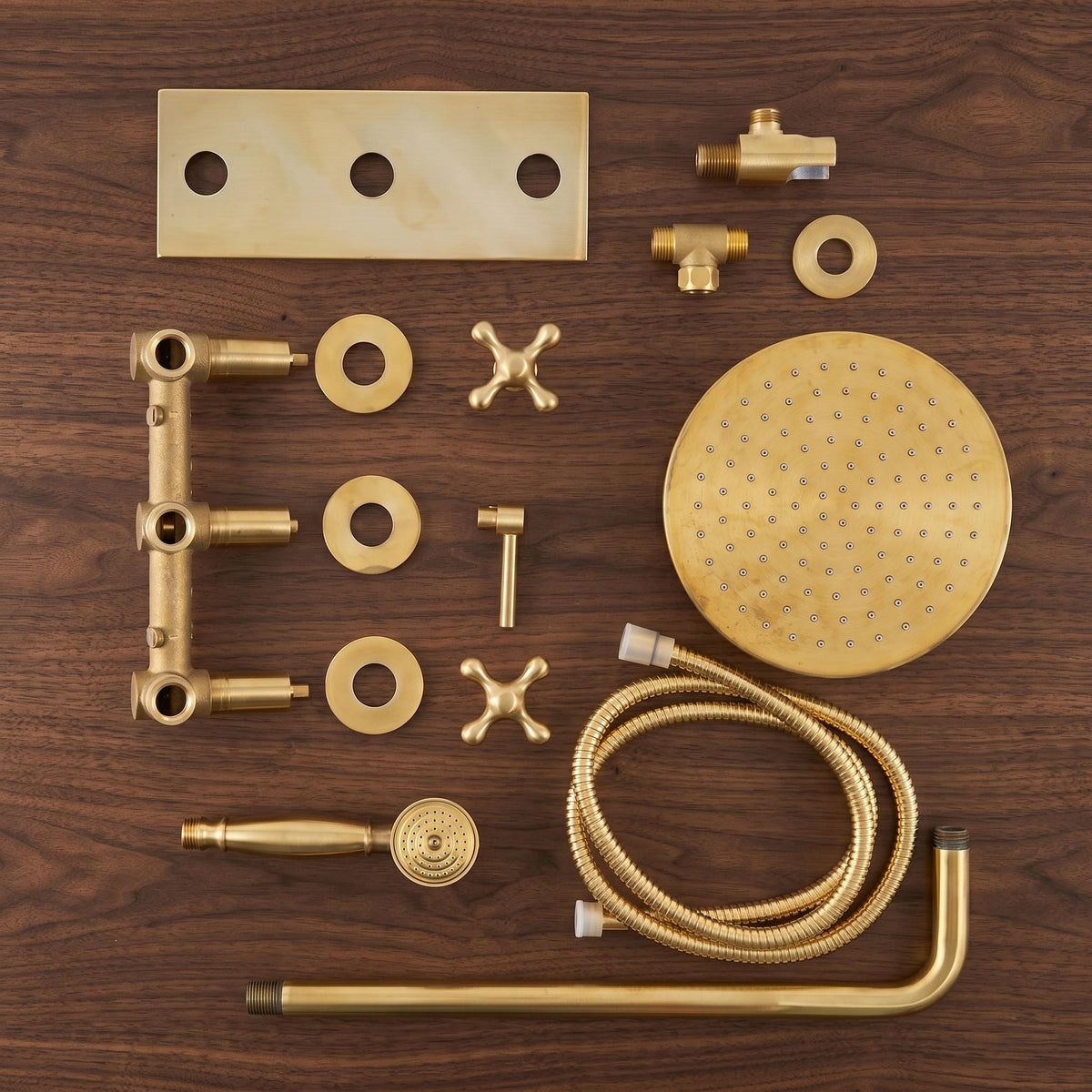 Luxury rainfall shower system in living brass for a traditional bathroom