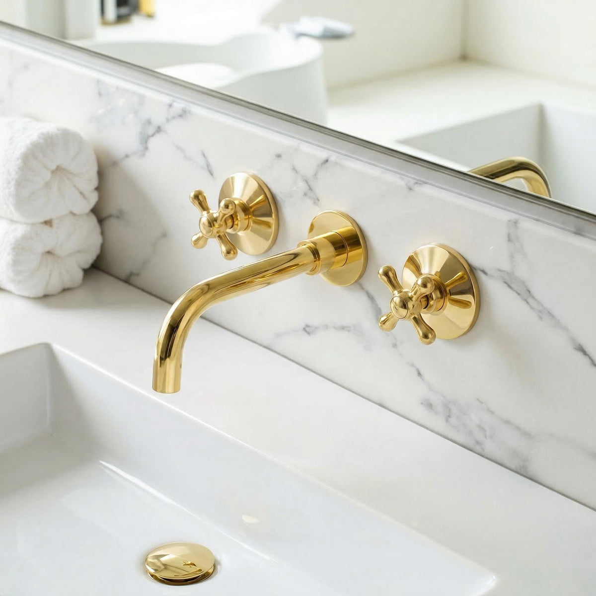 Luxury wall mounted vanity faucet crafted from unlacquered solid brass