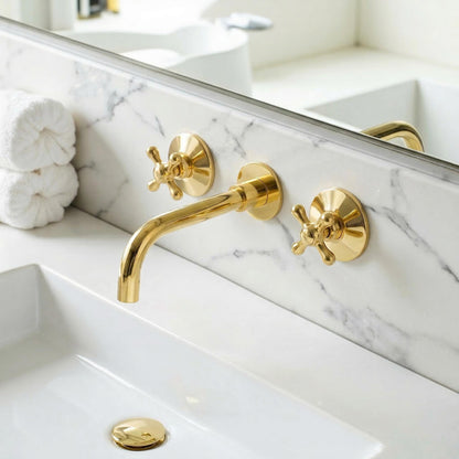 Luxury wall mounted vanity faucet crafted from unlacquered solid brass