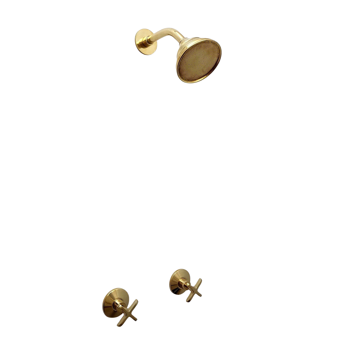 Minimalist unlacquered brass rain shower system with a round shower head